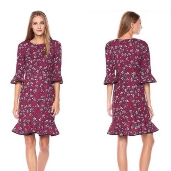 Nanette Lepore Dress Ponte Knit Flare Hem Midi Burgundy Floral Women's Size 8 - Picture 12 of 12
